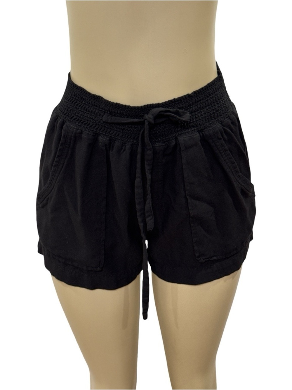 Ciso Black Smocked High-Waist Drawstring Shorts